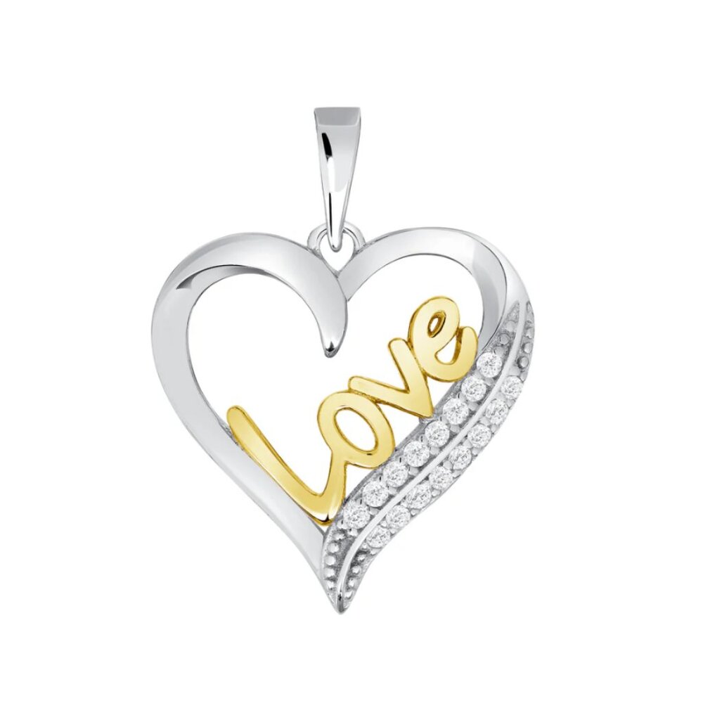 Sterling Silver 925 Rhodium and Gold Plated Cubic Zirconia Heart Love Pendant